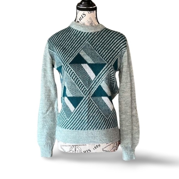 🇨🇦 60s Cooper Teal Mohair Sweater Geometric Small - Picture 1 of 4